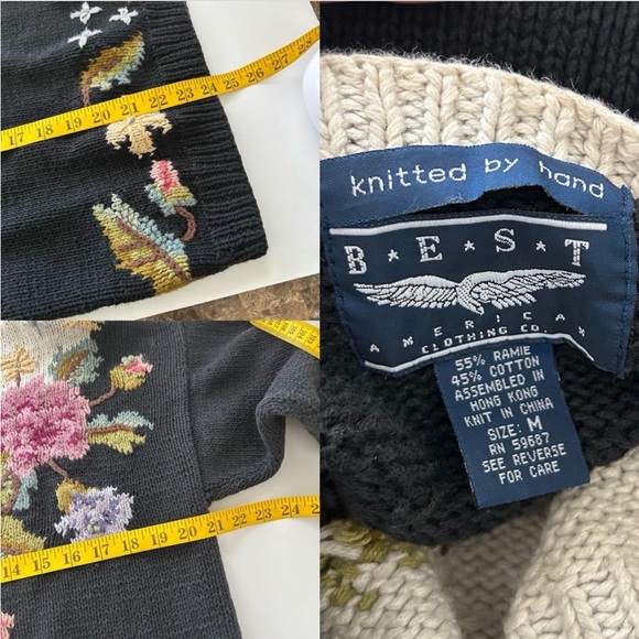 Vintage Hand Knit Floral Embroidered Chunky Sweater Cottagecore Knitwear Medium. - Picture 6 of 8